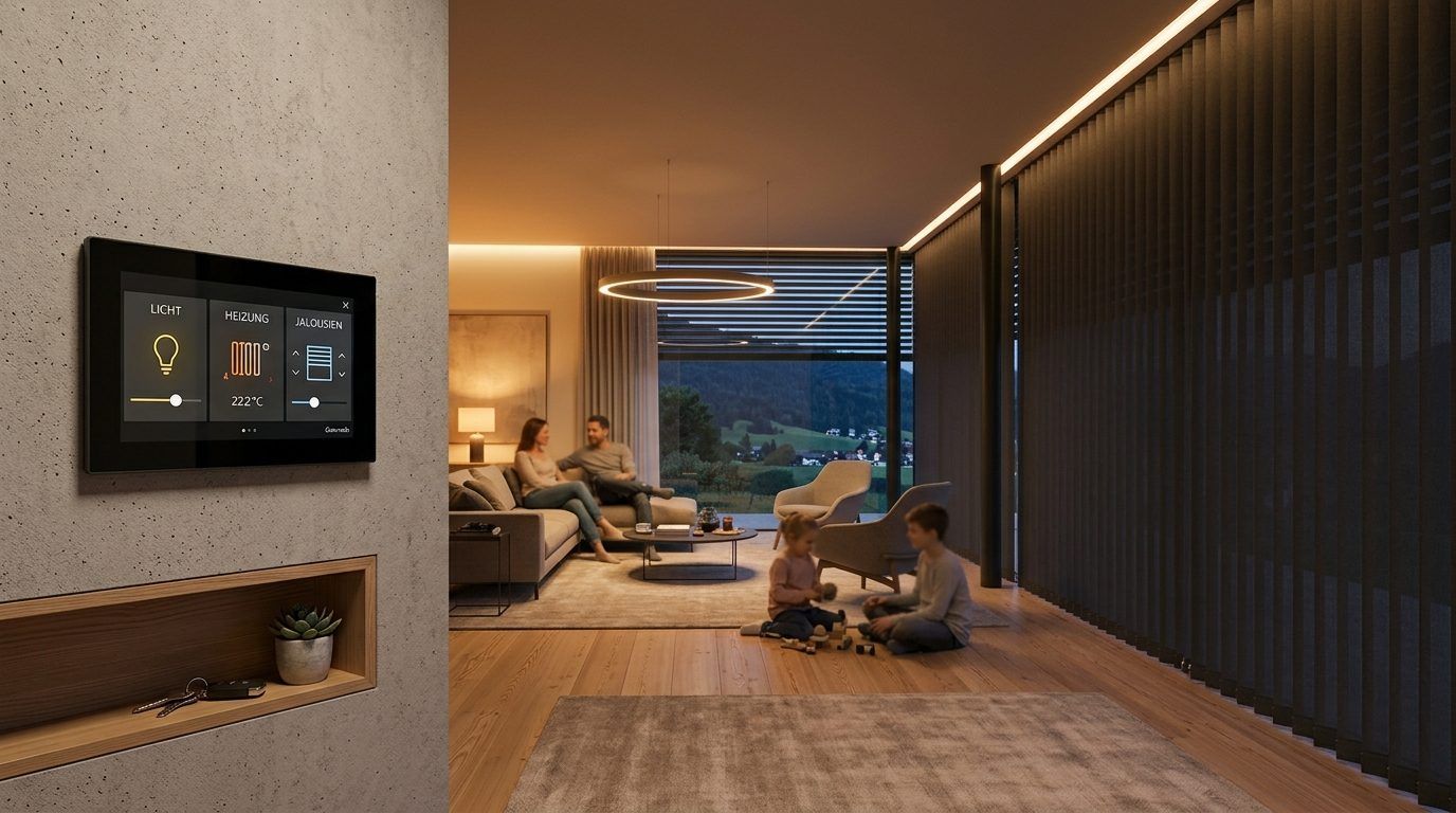 Familie im Wohnzimmer mit KNX-Touchpanel im Hintergrund